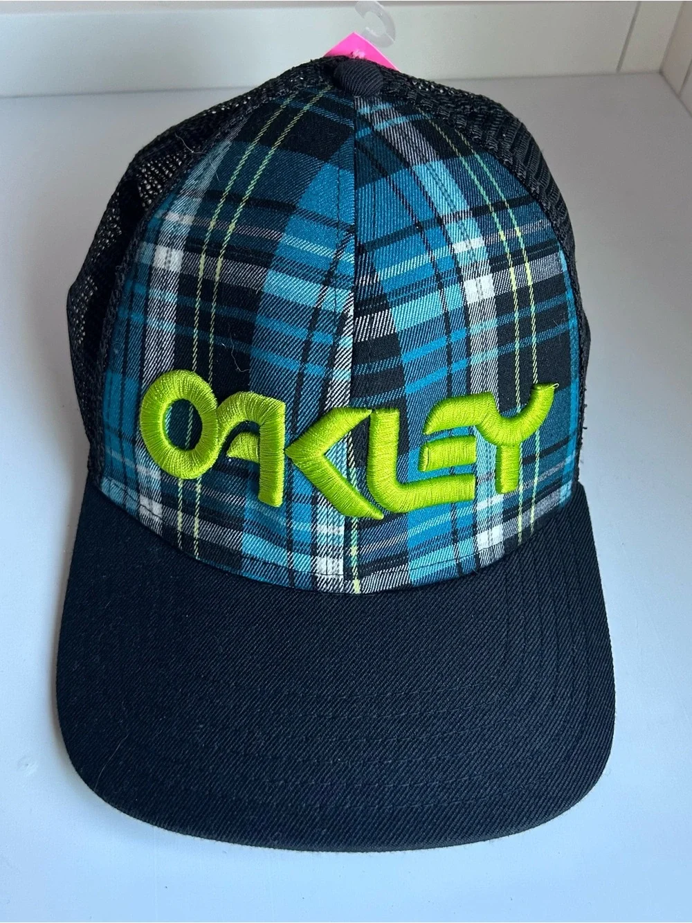 Oakley Blue Plaid Trucker Hat with Neon Green Logo